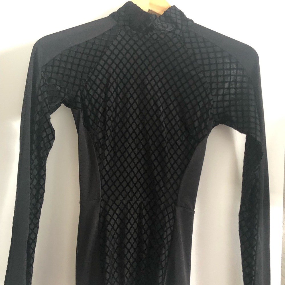 House of CB Black Velvet-Texture Long Sleeve Bodysuit
